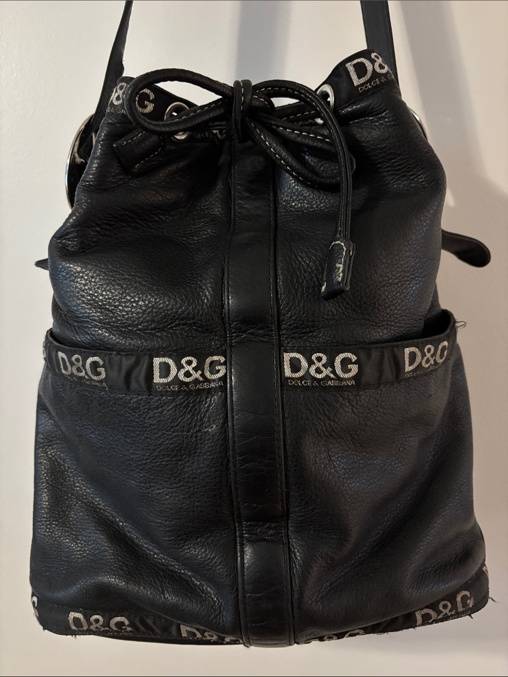 Vintage Y2K Dolce & Gabbana Black Leather Logo Drawstring Bucketbag